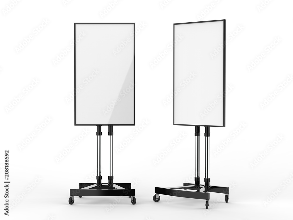 Mobile Blank White Screen TV Trolley Stand Mount Cart Exhibition LED Advertising Display. 3d render illustration. Mobile Blank White Screen TV Trolley Stand Mount Cart Exhibition LED Advertising Display. 3d render illustration.