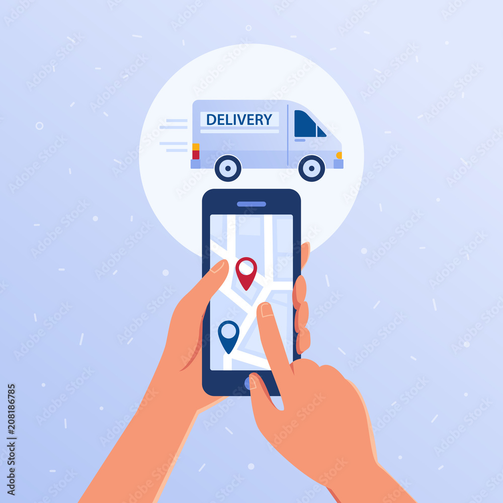 Vecteur Stock Hands holding smartphone with opened package trace tracker  application. Parcel online mobile tracking and tracing concept. Map with  navigation pins vector flat design illustration on blue background. | Adobe  Stock