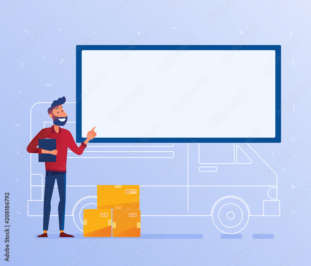 Delivery man with cardboard boxes near the van under big solid banner. Local delivery service and shipping banner concept. Door to door courier service vector illustration on the background. Delivery man with cardboard boxes near the van under big solid banner. Local delivery service and shipping banner concept. Door to door courier service vector illustration on the background.
