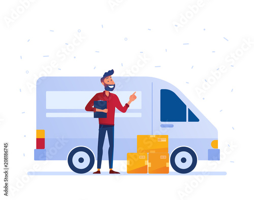 Delivery man with cardboard boxes in front of the van as local delivery service and shipping concept. Door to door car delivery by courier vector illustration on white background.