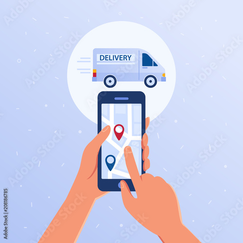 Hands holding smartphone with opened package trace tracker application. Parcel online mobile tracking and tracing concept. Map with navigation pins vector flat design illustration on blue background.