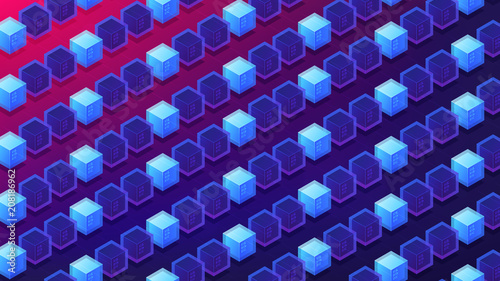 Isometric blockchain proof of stake concept. PoS  block transactions validation  cryptographic calculations  mining power illustration on ultra violet background. Vector 3d isometric illustration.