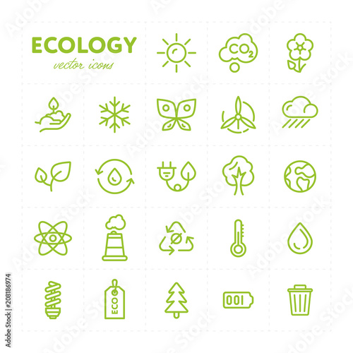 Minimalist ser of ecology vector icons in light green color composed on white background