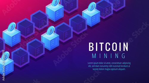 Isometric bitcoin mining farm landing page concept. GPU mining farm, cryptocurrency mining community. Blockchain server farm on ultra violet background. Vector 3d isometric illustration