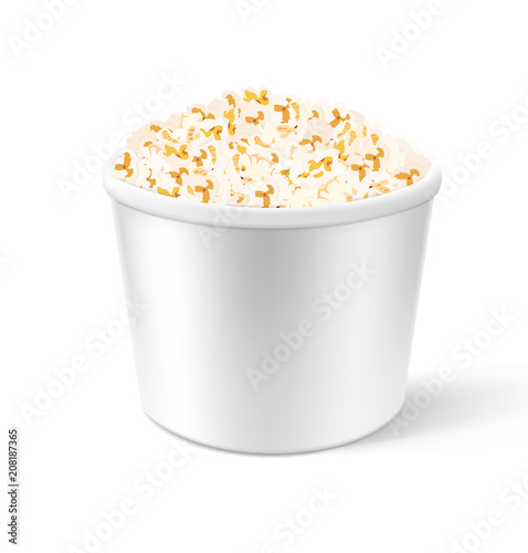 Realistic white pop corn bucket. Vector illustration isolated on white background. Can be use for your design, presentation, promo, adv. EPS10.