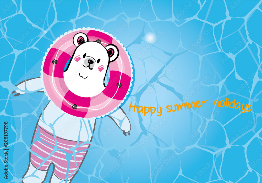 夏のイメージのイラスト｜プールに浮かぶピンクの浮き輪をしたシロクマ