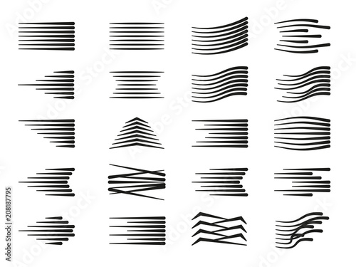Collection of speed lines with various directions and shapes arranged on white background