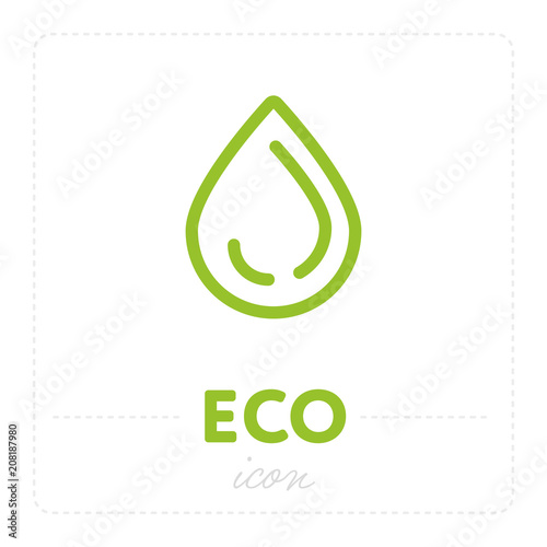Ecology icon of simple green drop of water and Eco label on white background