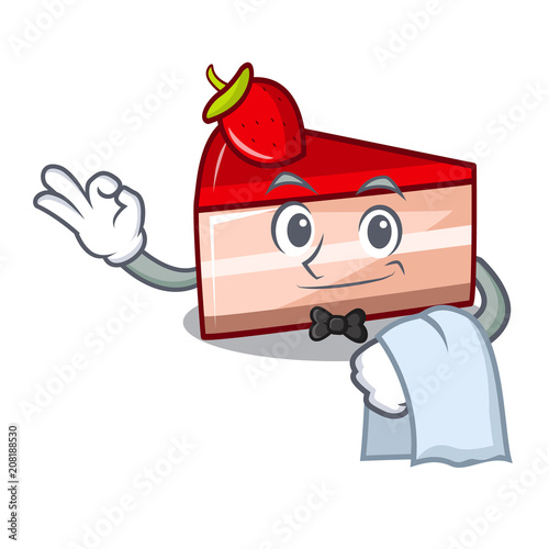 Waiter strawberry cake mascot cartoon photo