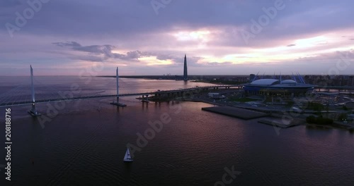Aerial drone view of the beautiful sunset over the Gulf of Finland and world cup 2018 football stadium.  Saint Petersburg, Russia
