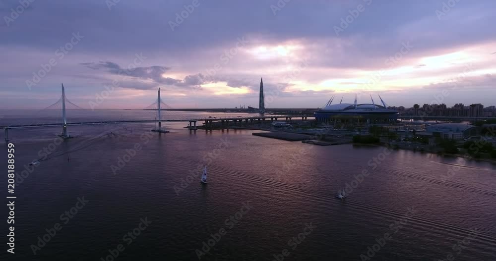 Aerial drone view of the beautiful sunset over the Gulf of Finland and world cup 2018 football stadium. Saint Petersburg, Russia Aerial drone view of the beautiful sunset over the Gulf of Finland and world cup 2018 football stadium. Saint Petersburg, Russia