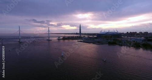 Aerial drone view of the beautiful sunset over the Gulf of Finland and world cup 2018 football stadium.  Saint Petersburg, Russia