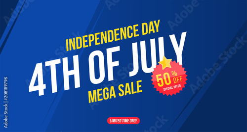 Flyer Celebrate Happy 4th of July - Independence Day. Mega sale with sticker 50% off. National American holiday event. Flat Vector illustration EPS10