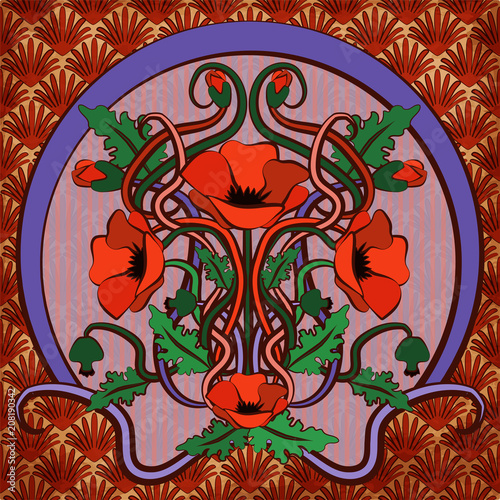 Fototapeta Naklejka Na Ścianę i Meble -  Greeting card with poppy flowers in art nouveau style, vector illustration