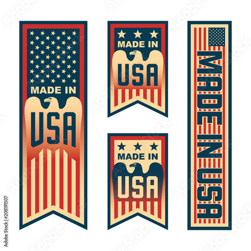 Made in USA  United States of America . Set of compositions with American flag for label  badge  banner  pin  etc.