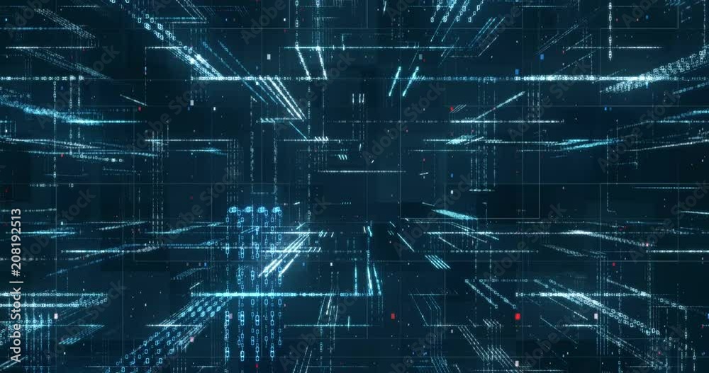 Digital binary code background loop - Fly through abstract 3D rendering of a scientific technology data binary code network conveying connectivity, complexity and data flood of modern digital age