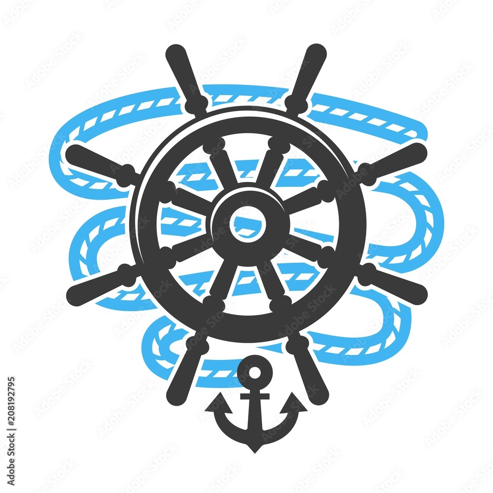 Marine anchor helm wheel and rope vector icon