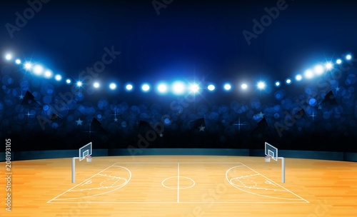 Basketball arena field with bright stadium lights design. Vector illumination