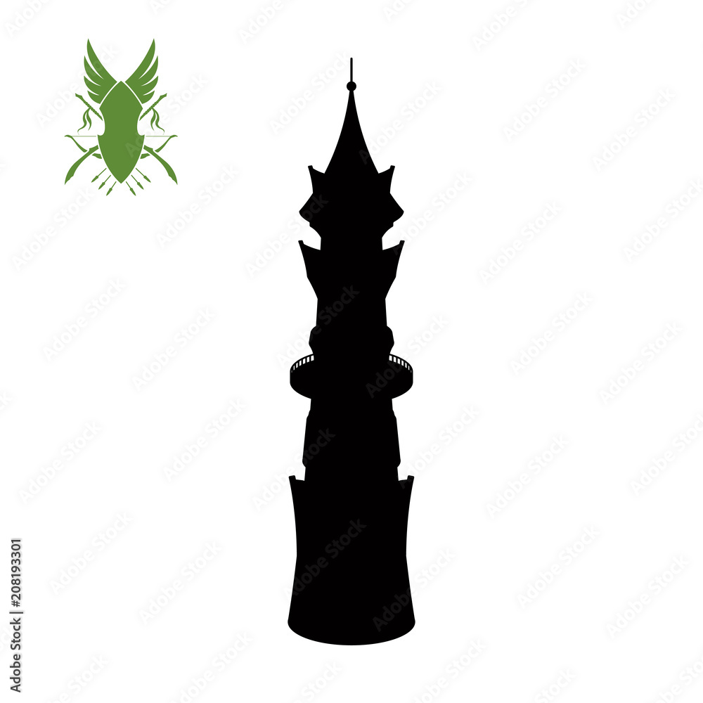 Black silhouette of elven tower. Fantasy palace of elfs. Archer medieval watchtower. Magic citadel. Game fortress icon. GUI object. Vector illustration