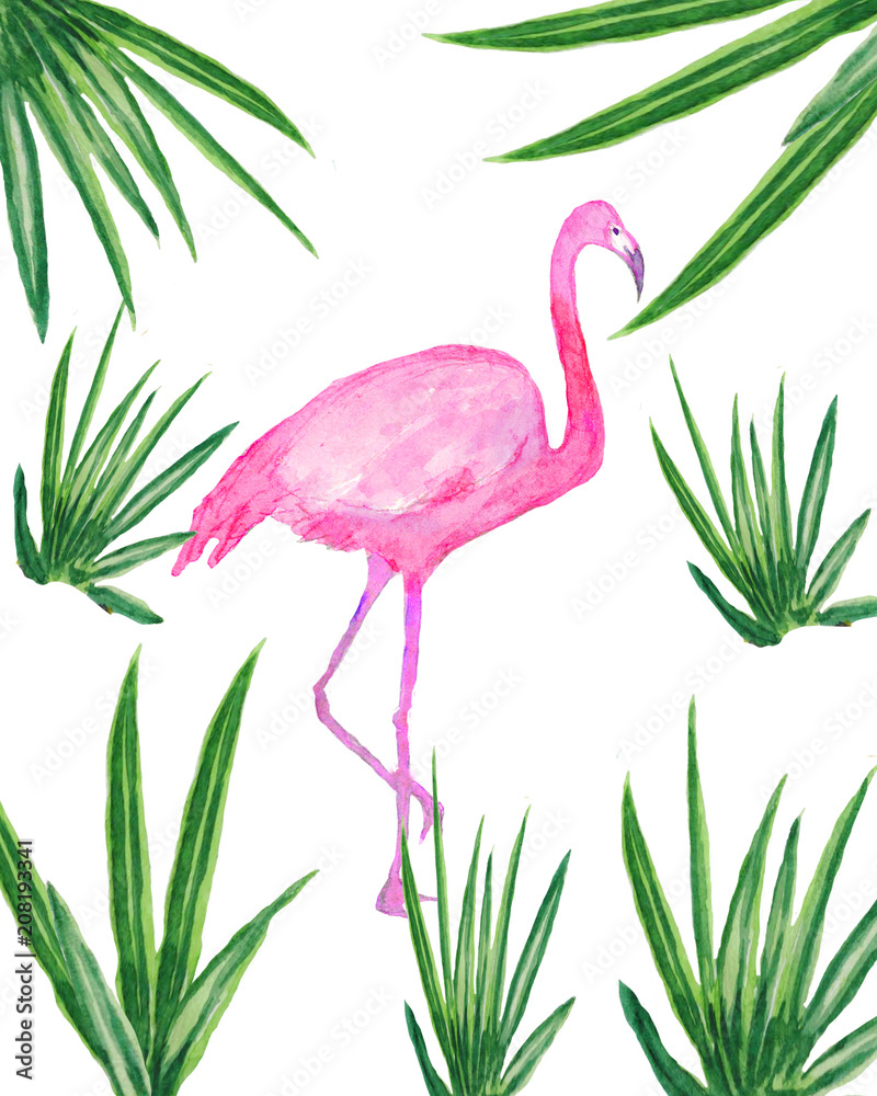 Obraz premium watercolor illustration of green branches with flamingo