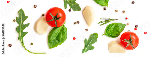 Seamless pattern with fresh vegetables, herbs and spices. Isolated on white background. Top view.