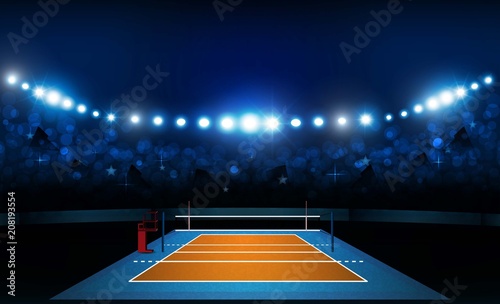 Volleyball court arena field with bright stadium lights design. Vector illumination
