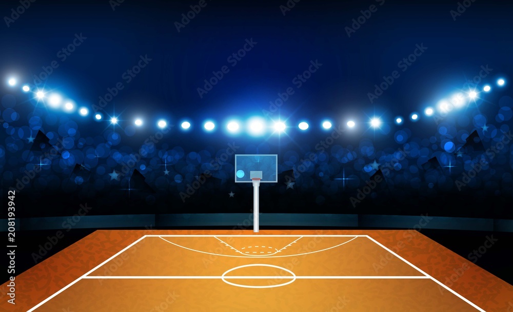 Fototapeta premium Basketball arena field with bright stadium lights design. Vector illumination