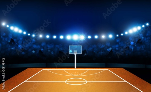 Basketball arena field with bright stadium lights design. Vector illumination