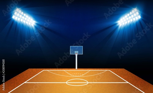 Basketball arena field with bright stadium lights design. Vector illumination © photoraidz