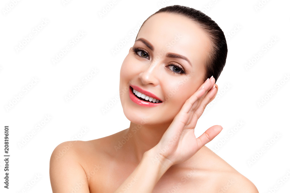 Beautiful girl with clean fresh skin, isolated on white background