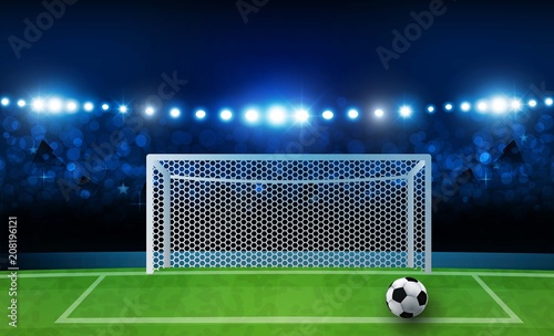 Football arena field with bright stadium lights design. Vector illumination