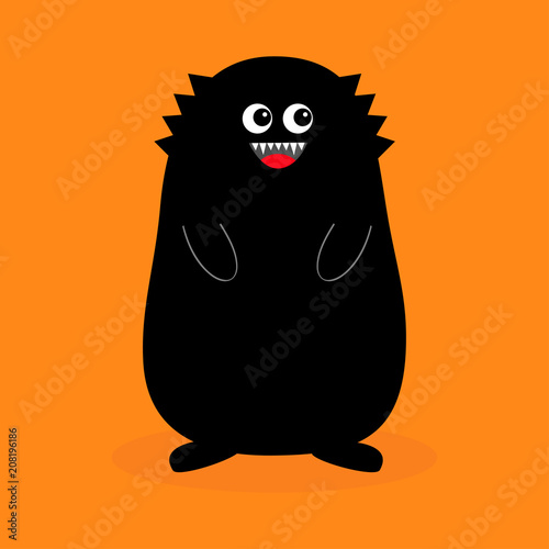 Monster black silhouette. Fang tooth. Open mouth. Two eyes  teeth  tongue  hands. Funny Cute cartoon baby character. Happy Halloween. Flat design. Orange background. Isolated.