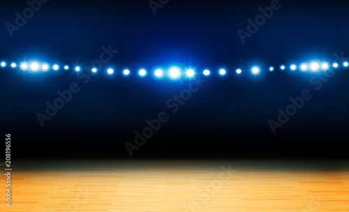 Basketball arena field with bright stadium lights design. Vector illumination