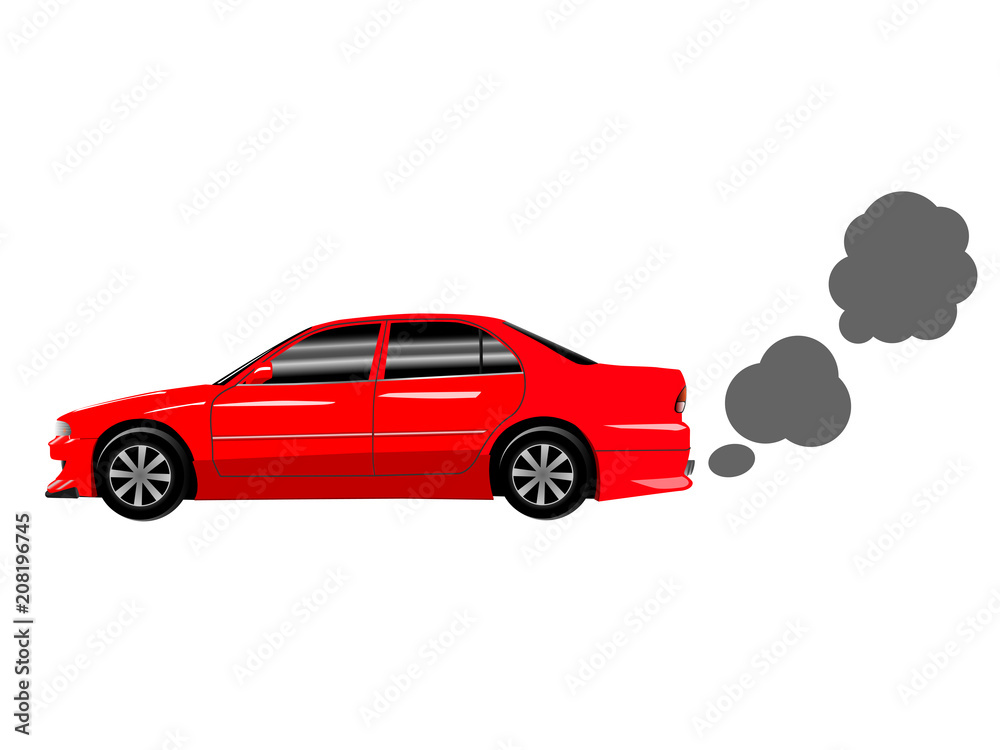 Red Sports car with exhaust smoke clouds, Air pollution concept. Red Sports car with exhaust smoke clouds, Air pollution concept.