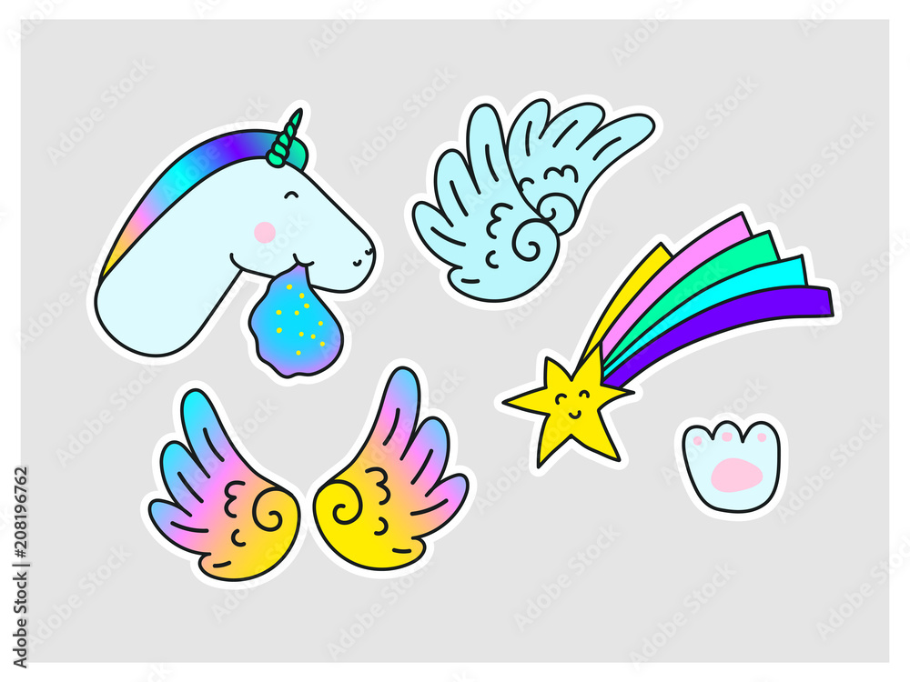 Obraz premium Unicorns Star Wings Paw print. Fantasy Vector Stickers set