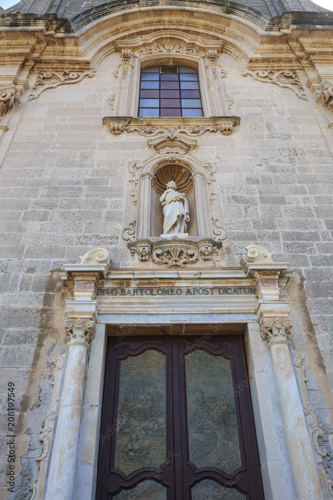 Fasade of Cathedral di San Bartolomeo in Lipari, main city on one of Aeolian islands near Sicily in Tyrrhenian Sea.