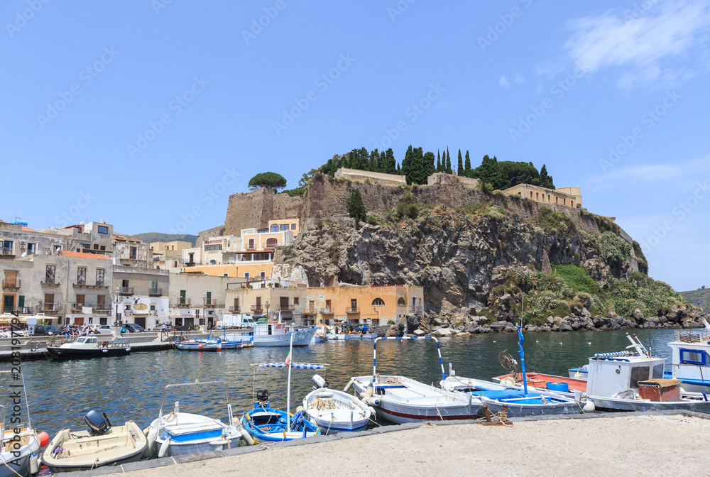 Lipari, main city on one of Aeolian islands near Sicily in Tyrrhenian Sea. port and 1556 fortifications, built atop ancient Greek walls.