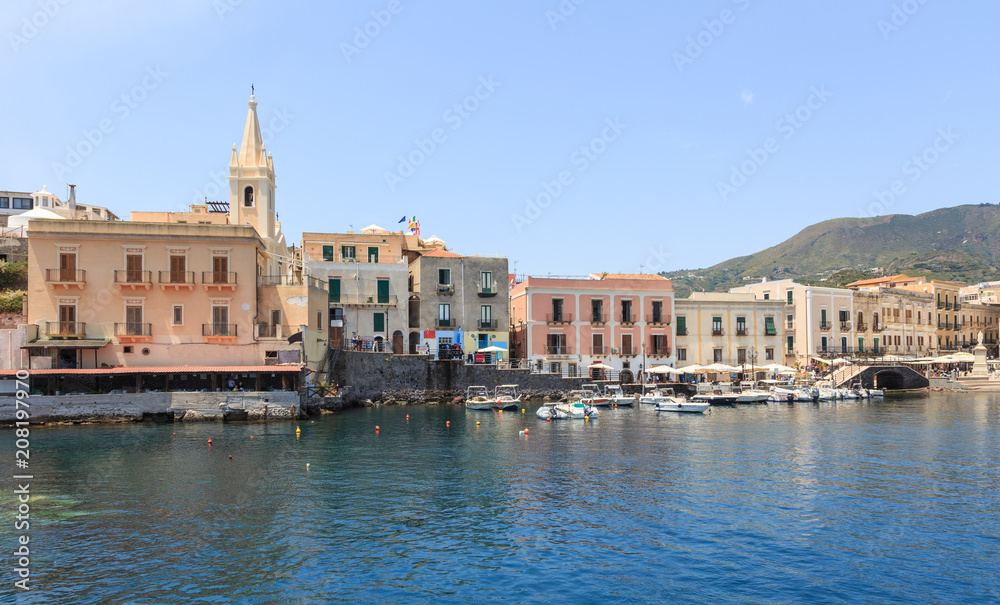 Waterfront in Lipari, main city on one of Aeolian islands near Sicily in Tyrrhenian Sea.