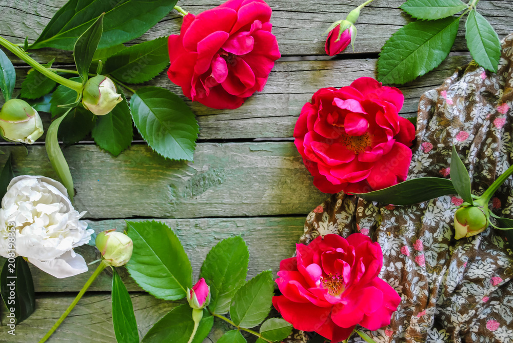 Roses and peonies on the table