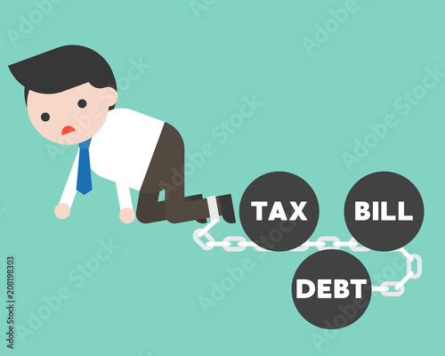 Businessman chained by debt, bill, tax iron ball, flat design money management failure concept