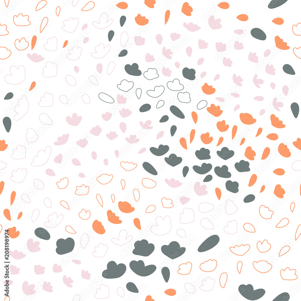 Fototapeta premium Vector organic seamless abstract background, botanical motif with stylized small leaves, freehand doodles pattern.