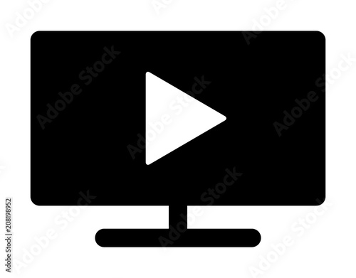 Play video on TV screen monitor flat vector icon for media apps and websites