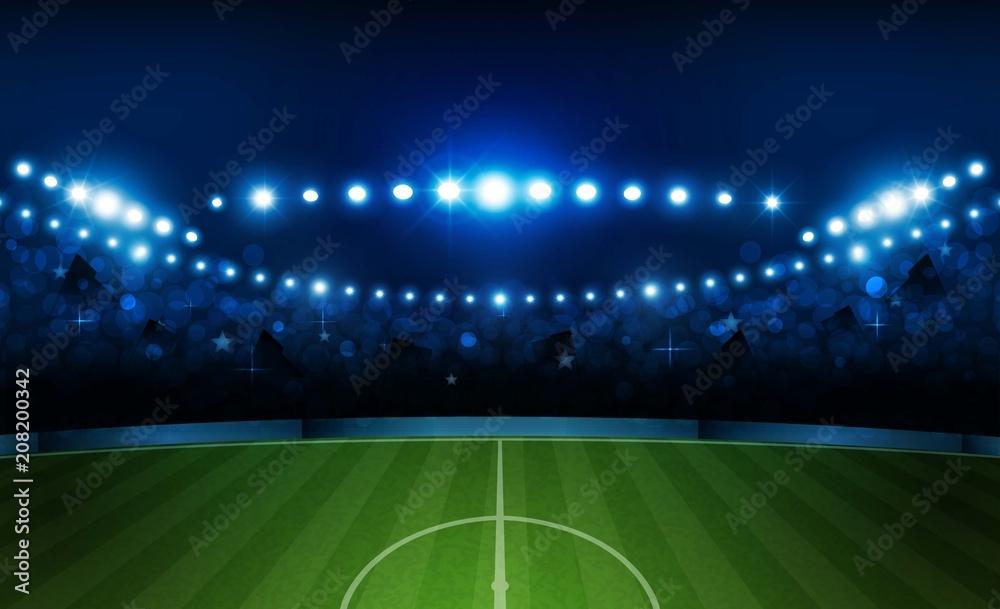 Football arena field with bright stadium lights vector design. Vector illumination