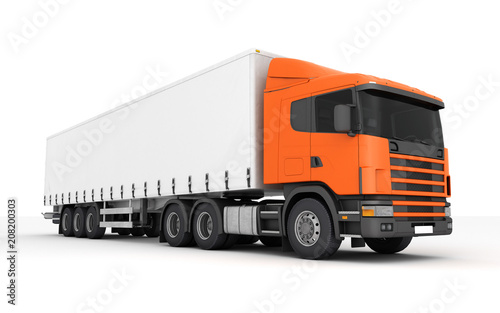 Logistics concept. Cargo truck transporting goods moving from left to right isolated on white background. Front perspective view. 3D illustration