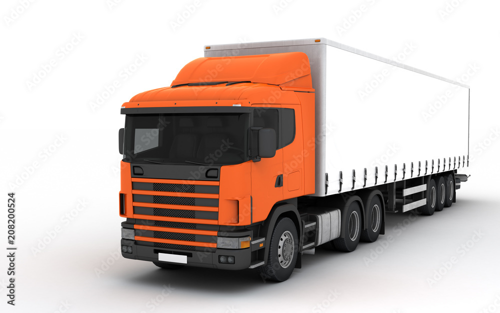 Fototapeta premium Logistics concept. Cargo truck transporting goods moving from right to left isolated on white background. Front perspective view. 3D illustration