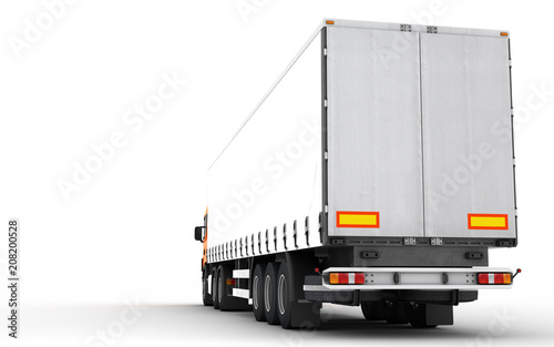 Logistics concept. Cargo truck transporting goods moving from right to left isolated on white background. Rear perspective view. 3D illustration