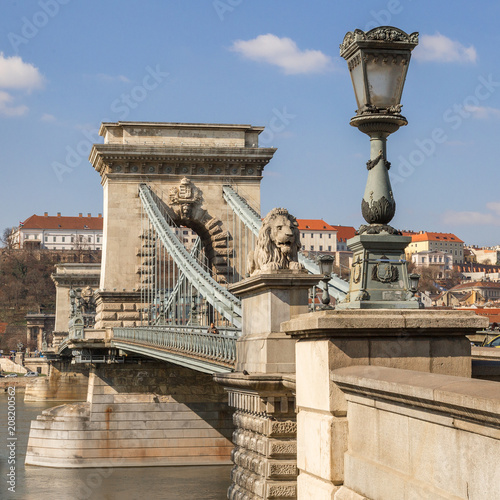 Lion on Chain Bridge on the Danube River in Budapest