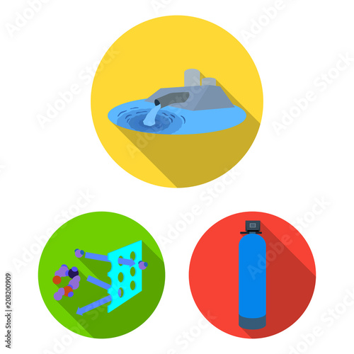 Water filtration system flat icons in set collection for design. Cleaning equipment vector symbol stock web illustration.