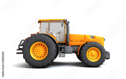 Orange wheel harvesting tracktor moving from left to right isolated on white background. 3D illustration. Side view