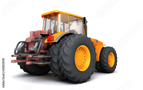 Orange wheel harvesting tracktor moving from left to right isolated on white background. 3D illustration. Rear view. Perspective